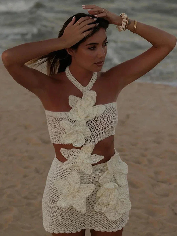 3D Floral Knit Halter Mini Dress – Backless & Sexy for Summer - Piña Colada