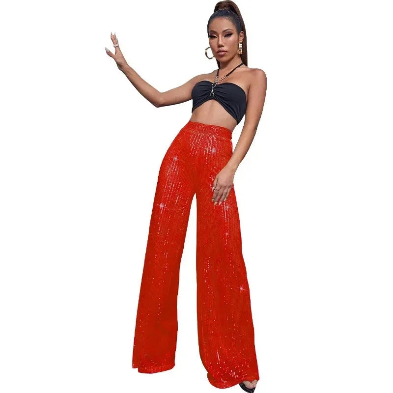 High Waist Loose Sequin Wide Leg Pants - Piña Colada