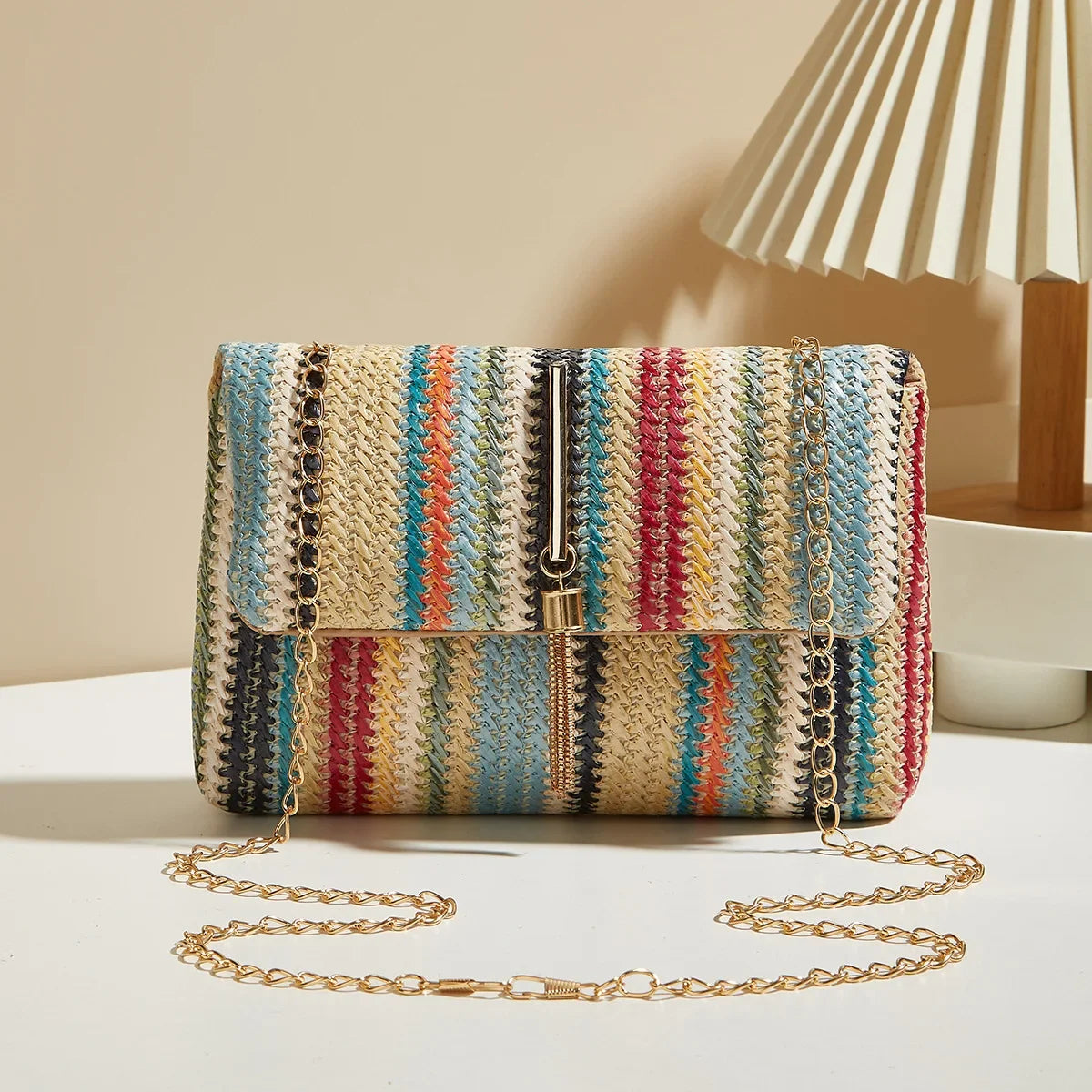 Chic Rainbow Stripe Straw Crossbody - Piña Colada