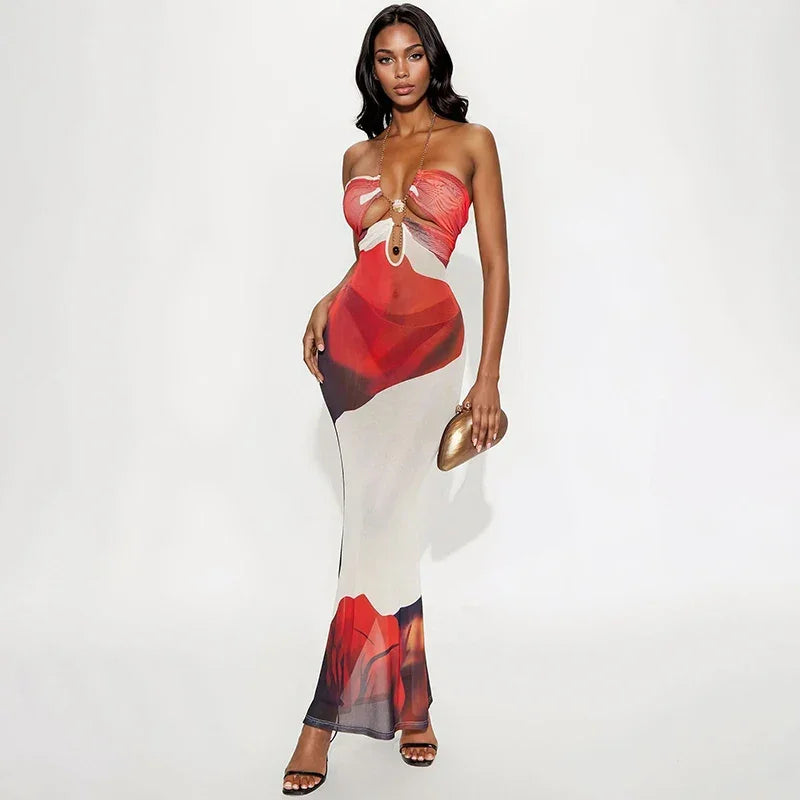Strapless Mermaid Maxi Dress – Hollow Out Floral Knit - Piña Colada