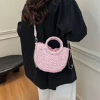 Boho Rattan Half-Moon Crossbody Bag – Handwoven Summer Straw Shoulder Purse - Piña Colada