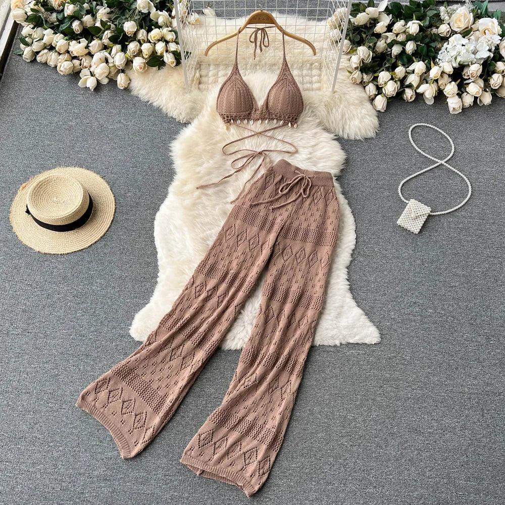 Backless Knit Crop & Wide-Leg Pants Set - Piña Colada