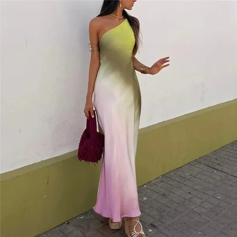 Long Dress Asymmertic Satin Backless - Piña Colada
