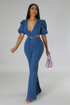 Wide Leg Denim Jumpsuit Ruffle - Piña Colada