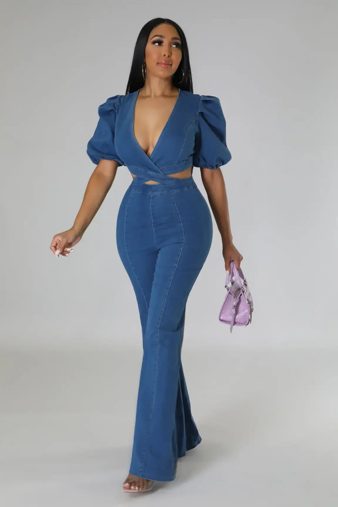 Wide Leg Denim Jumpsuit Ruffle - Piña Colada