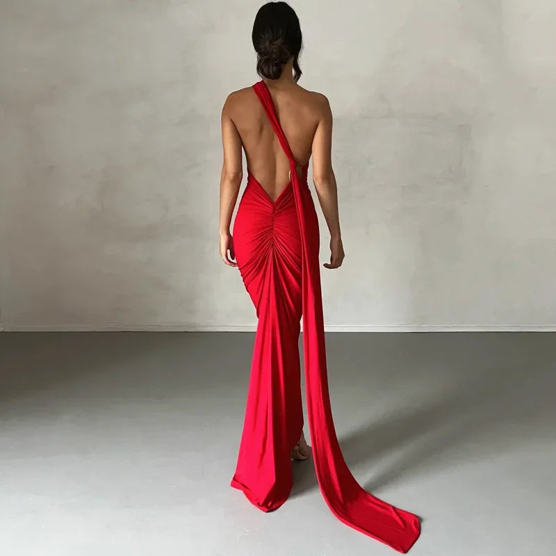 One Shoulder Backless Adjustable Scarf Maxi Dress - Piña Colada