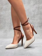 High Heel Canvas Slingback Pumps – Buckle Strap & Pointed Toe - Piña Colada
