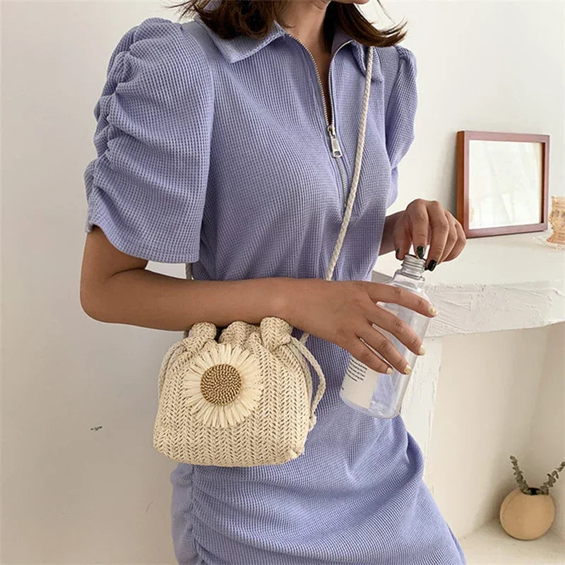 Straw Bag Handbag Knit Flower - Piña Colada
