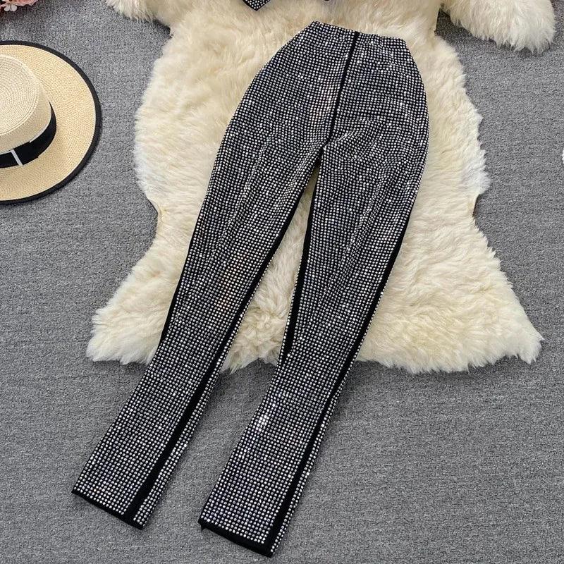 Rhinestone Slash Neck Crop Top & High Waist Pants Set - Piña Colada