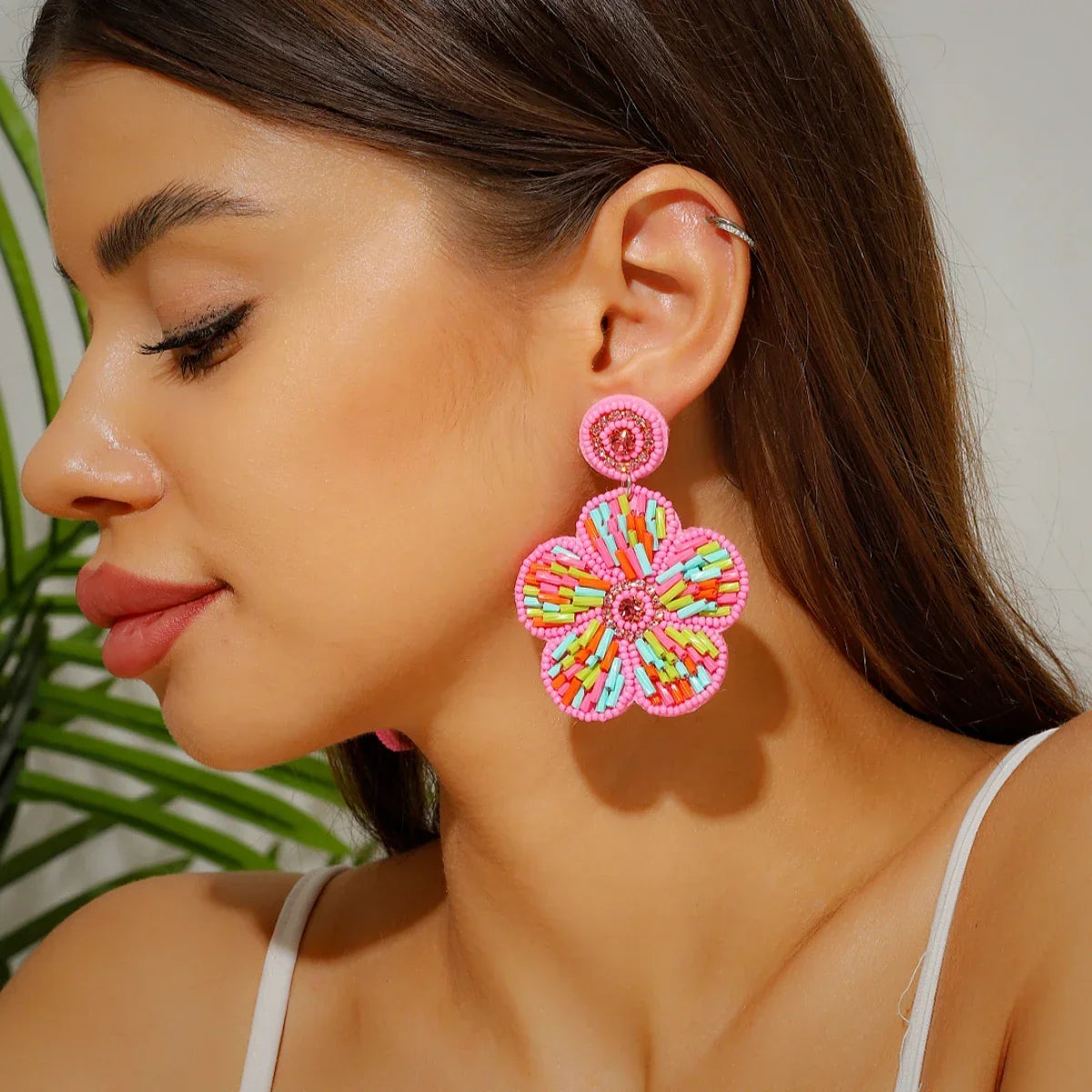 Bohemain Ethnic Handmade Pink Flower Seed Beads Earrings - Piña Colada