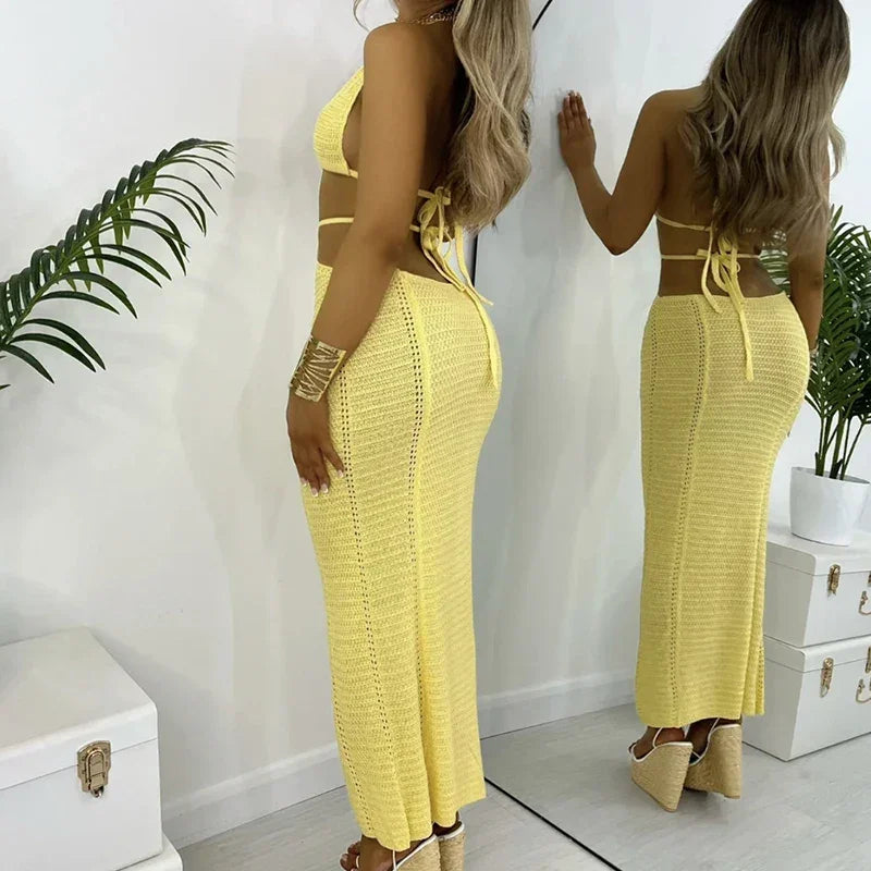 Backless Hollow-Out Knit Cover-Up Dress – Beach Vacation Style - Piña Colada
