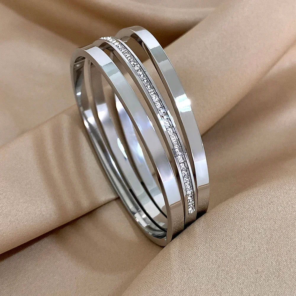 3pcs Glossy Rhinestone Stainless Steel Bangle - Piña Colada