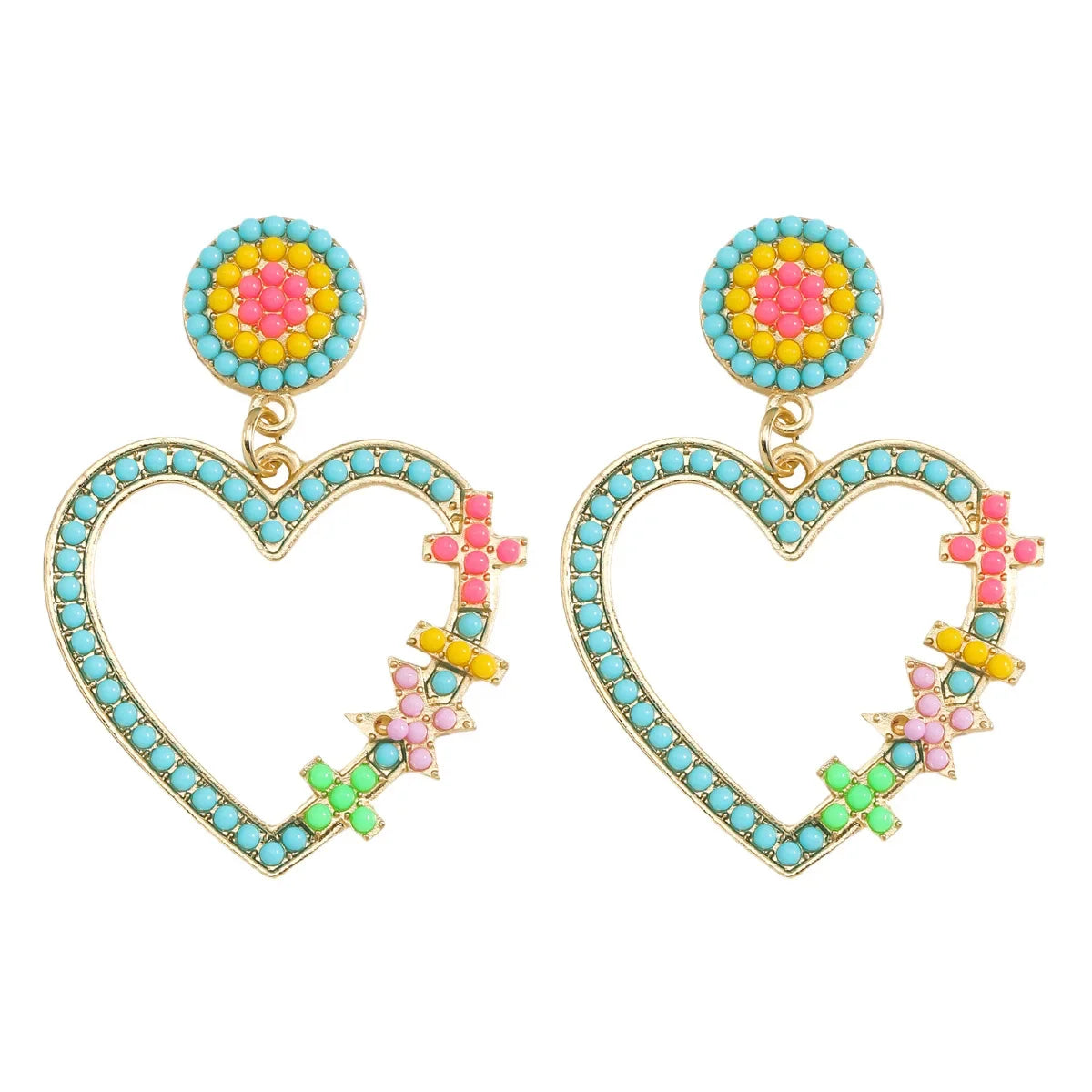 Handmade Rhinestone Heart Drop Earrings - Piña Colada