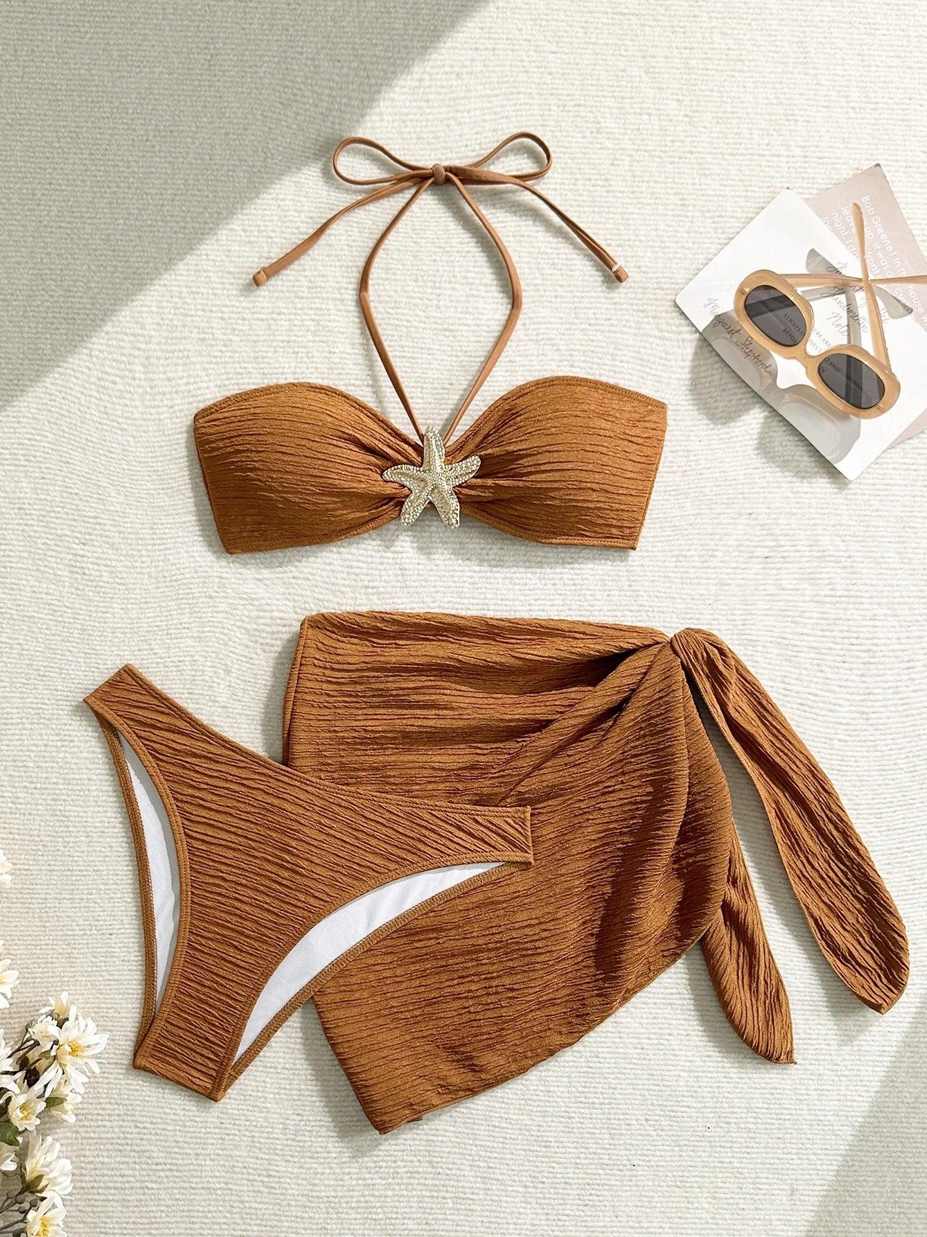 3-Piece Leopard Mesh Bikini Set – Starfish Charm & Bandeau Top - Piña Colada