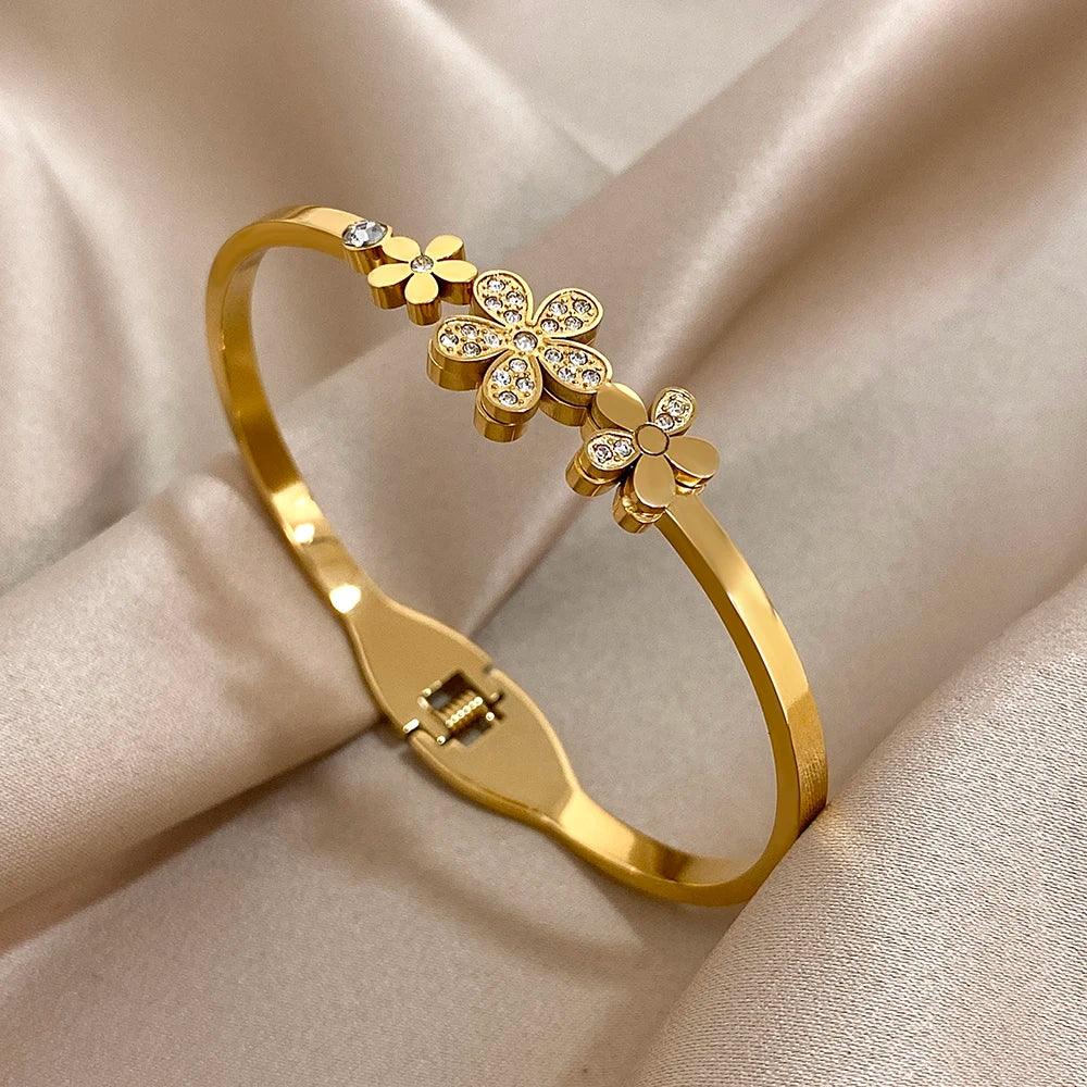 Stainless Steel Double Flower Cuff Bracelet - Piña Colada