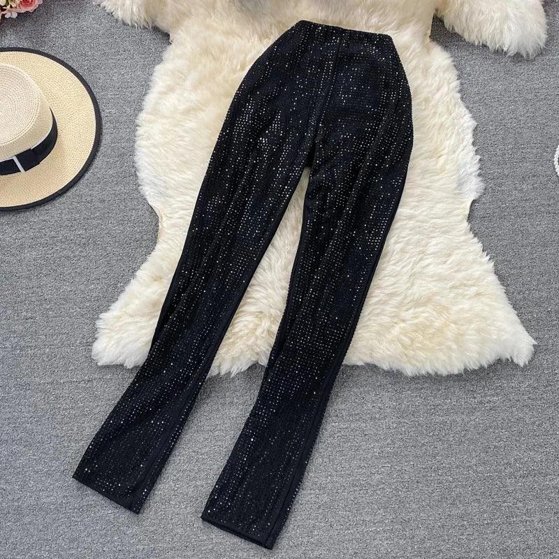 Rhinestone Slash Neck Crop Top & High Waist Pants Set - Piña Colada