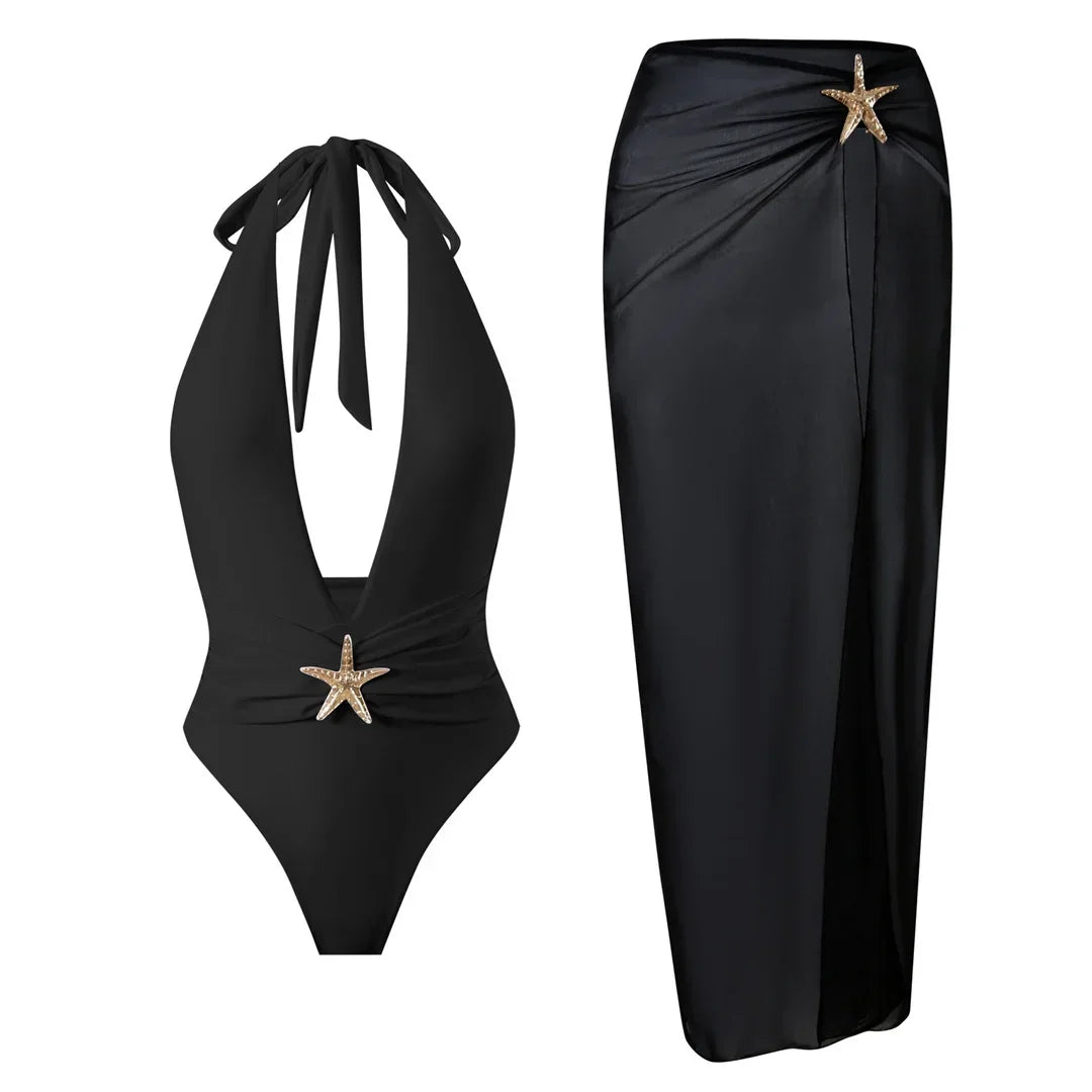 Deep V-Neck One-Piece Swimsuit with Skirt - Piña Colada