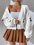 Embroidered Cherry Knit Cardigan - Piña Colada