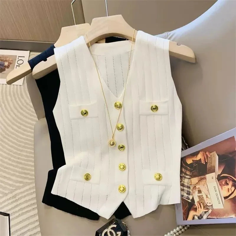 Button Detail Knit Tank Top – Casual Ribbed Sleeveless Shirt - Piña Colada