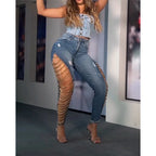 High Street Hollow Out Skinny Jeans with Metal Details - Piña Colada