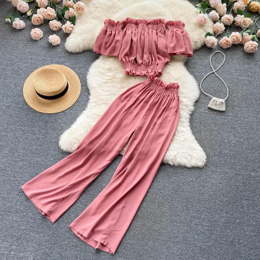 Two Piece Set High Waist Wide Leg Pants - Piña Colada