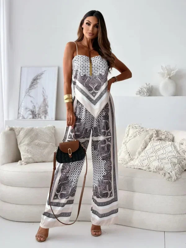 Satin Print Lace-Up Top & Wide-Leg - Piña Colada