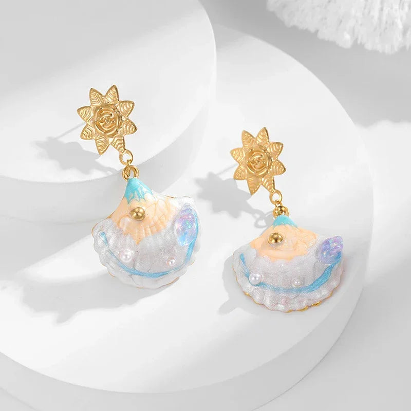 Blue Shell Earrings - Piña Colada