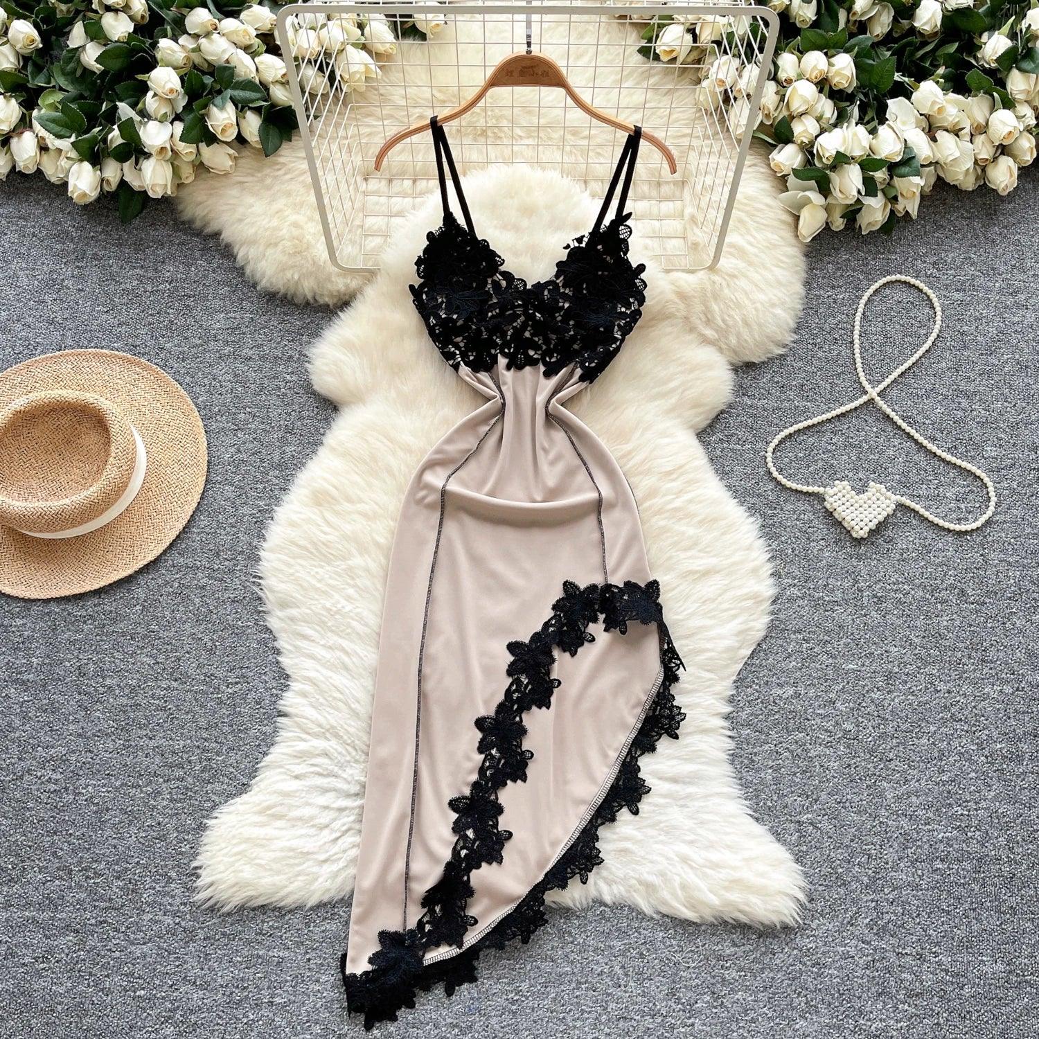 Lace V Neck Backless Irregular Slim Sundress - Piña Colada