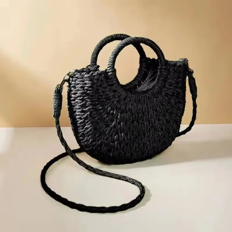 Boho Rattan Half-Moon Crossbody Bag – Handwoven Summer Straw Shoulder Purse - Piña Colada