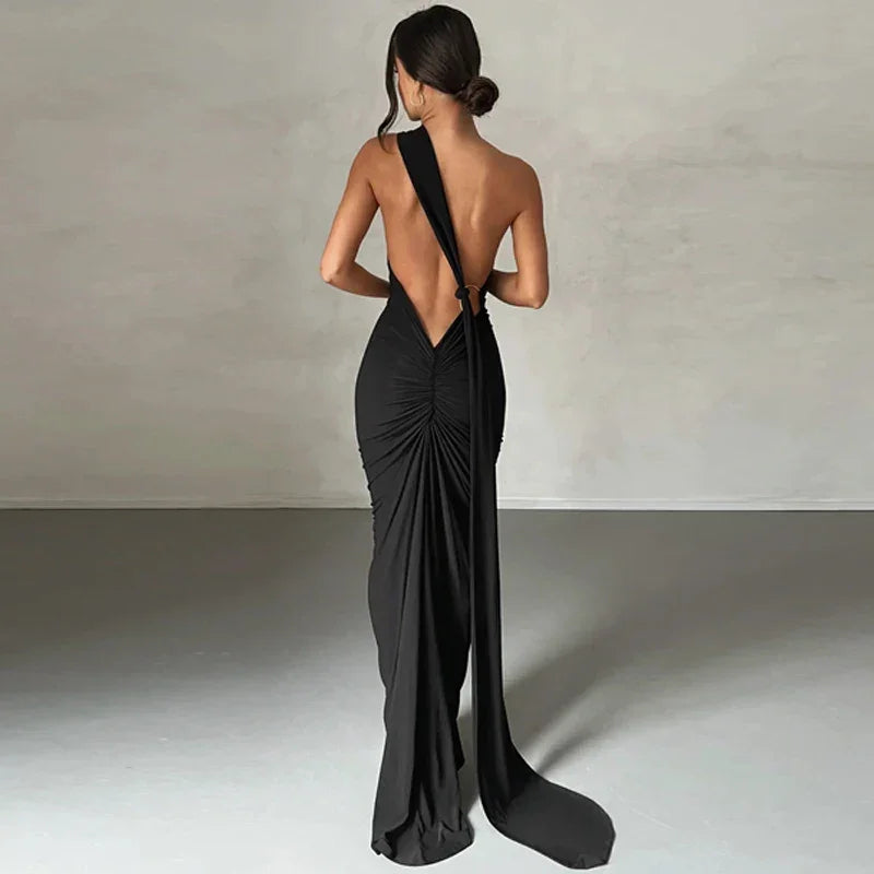 One Shoulder Backless Adjustable Scarf Maxi Dress - Piña Colada