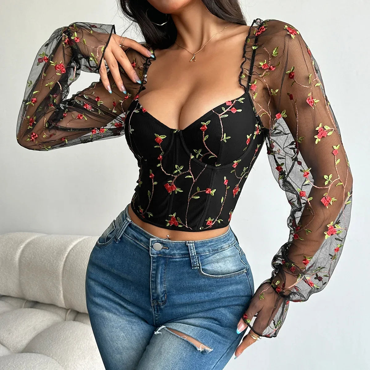 Mesh Long Sleeve Corset - Piña Colada
