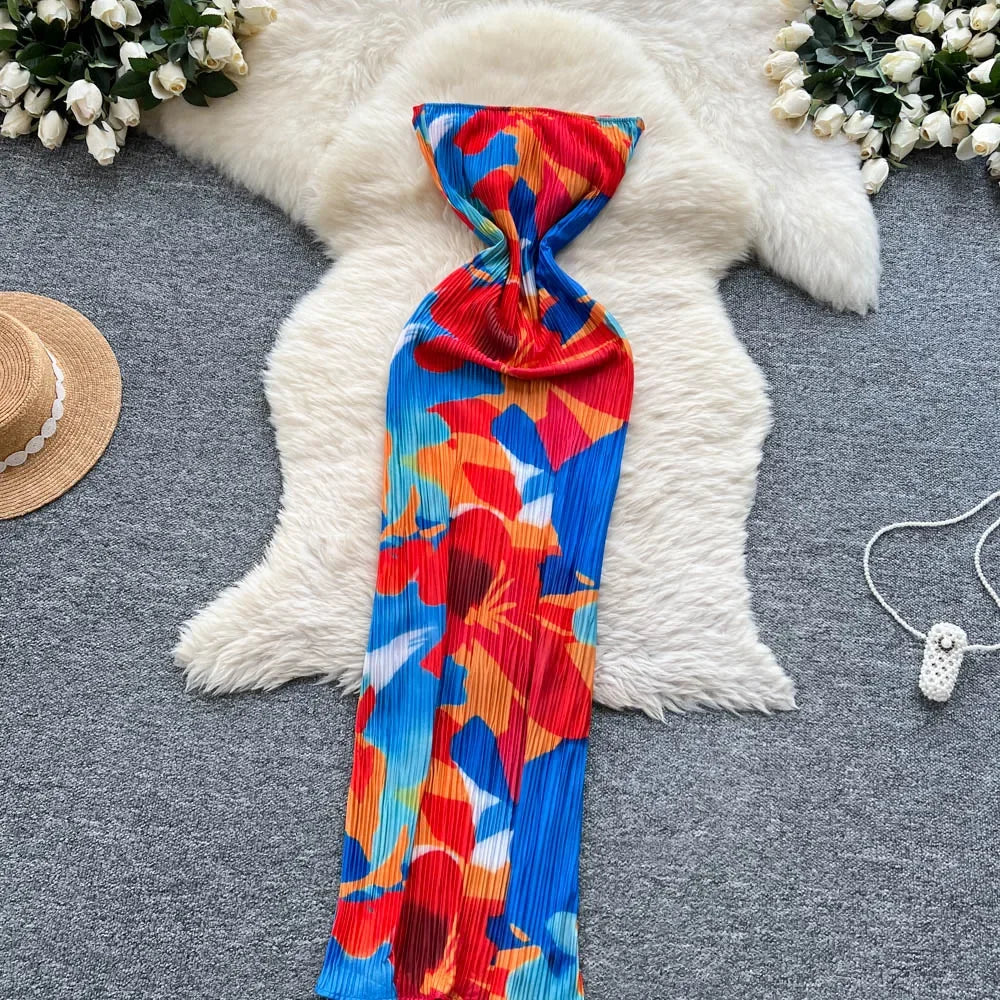Strapless Print Maxi Dress – Slim Fit with Bow Detail - Piña Colada