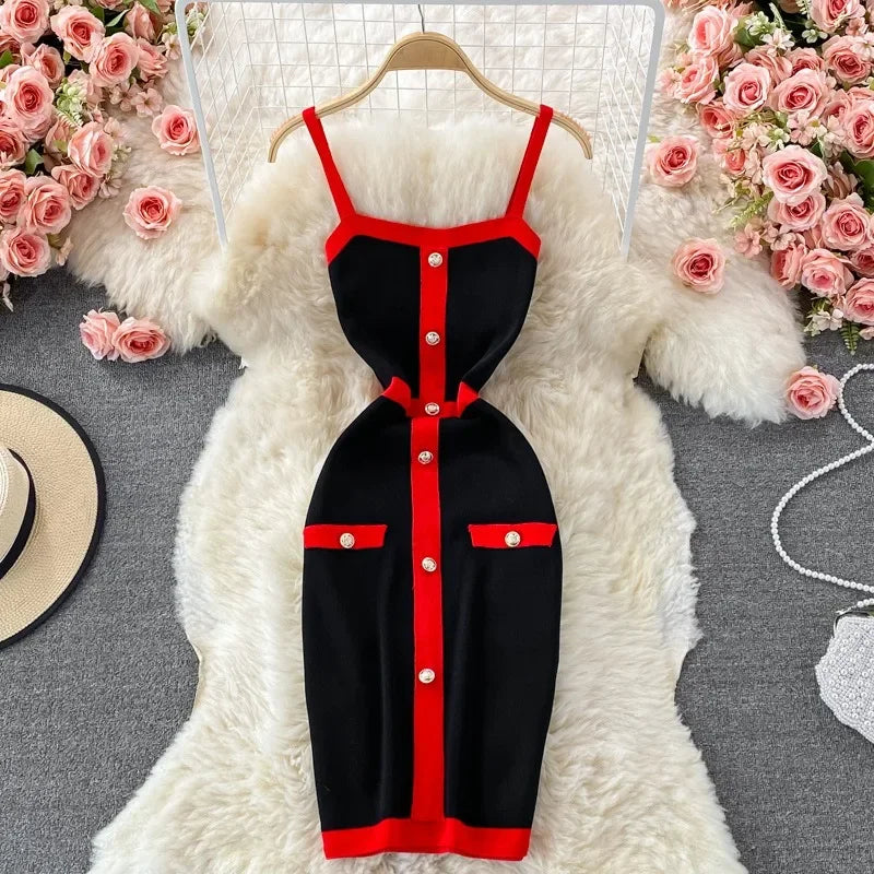 Patchwork Knit Mini Dress – Spaghetti Strap Streetwear - Piña Colada