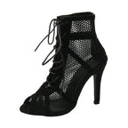 Black Mesh Peep Toe Sandals – Cross-Tied Ankle Strap Heels - Piña Colada