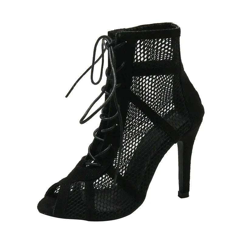 Black Mesh Peep Toe Sandals – Cross-Tied Ankle Strap Heels - Piña Colada
