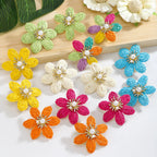 Bohemian Colorful Flower Drop Earrings – Handmade Rhinestone & Pearl Holiday Jewelry for Women - Piña Colada