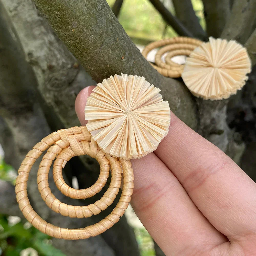 Handmade Two Tone Rattan Knit Wrapped Round Drop Earrings for Women - Piña Colada