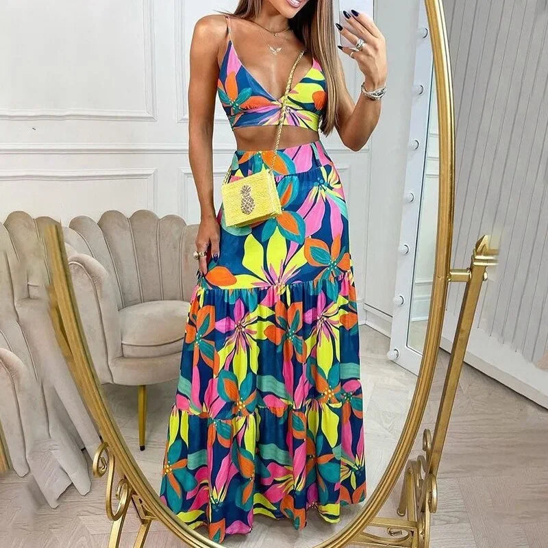 Printed Crop Top & Long Skirt Set - Piña Colada