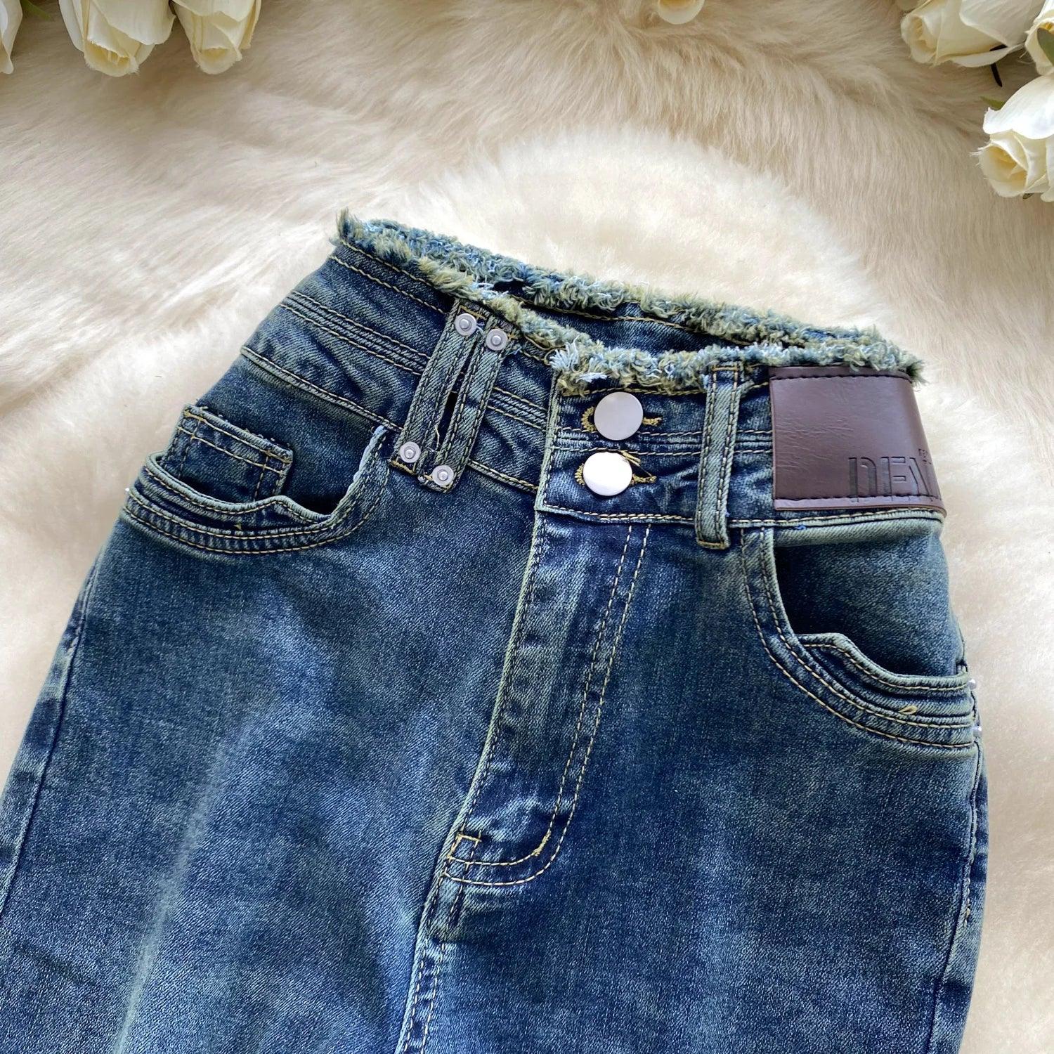 High-Waisted Flared Denim Pants with Faux Zippers – Streetwear Style - Piña Colada