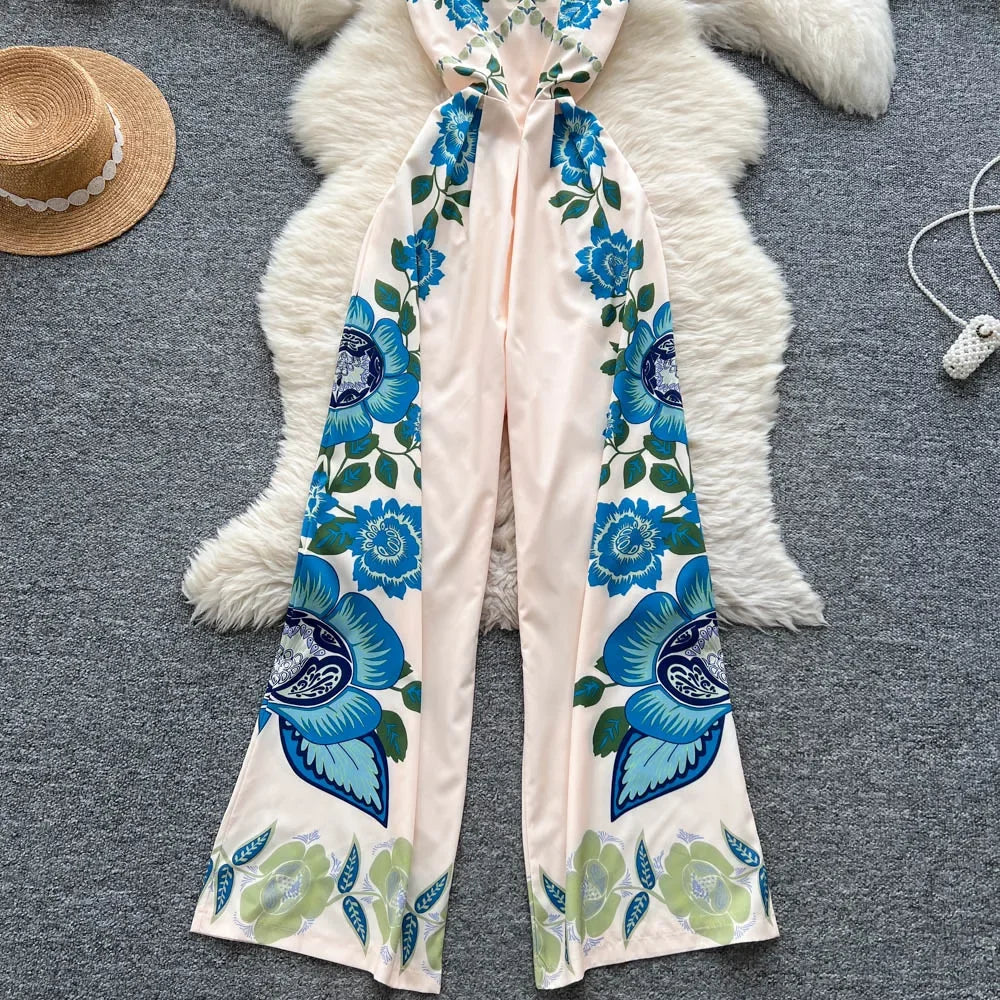 Vintage Printed Jumpsuit for Women – Full-Length Summer Romper with Mid Waist - Piña Colada