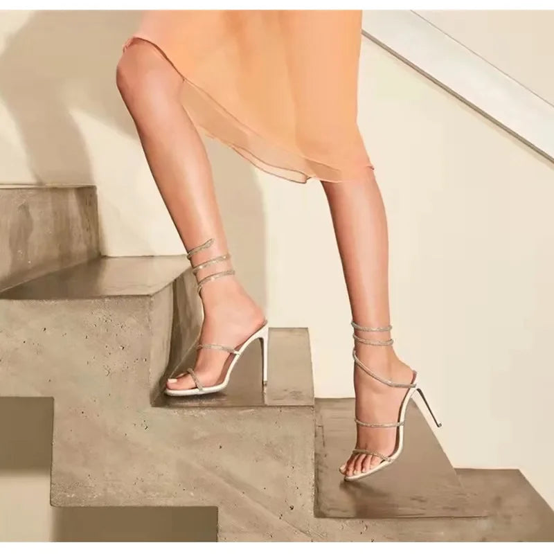 Fashion Snake Twine Around Crystal Women Sandals - Piña Colada