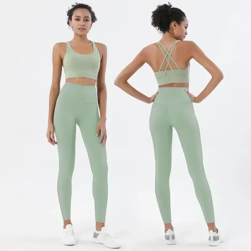 High-Waist Sports Leggings with Phone Pocket Set - Piña Colada