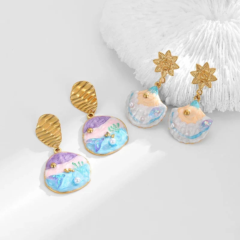 Blue Shell Earrings - Piña Colada