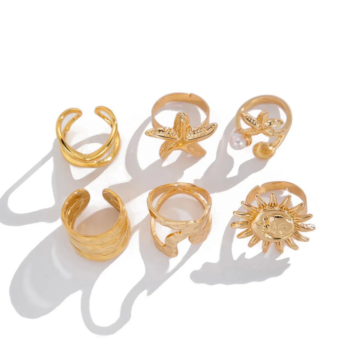 6Pcs/Set Vintage Sun Starfish Open Rings - Piña Colada