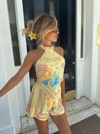 Printed Sleeveless Mini Dress &amp; Shorts Set