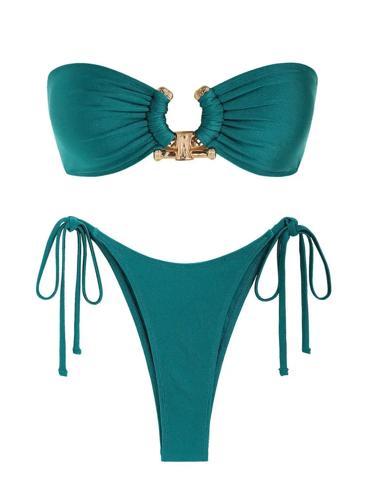 Solid Ring Detail Bikini Set - Piña Colada