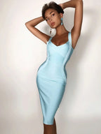 Denim Bodycon Dress – Knee-Length V-Neck Club Style - Piña Colada