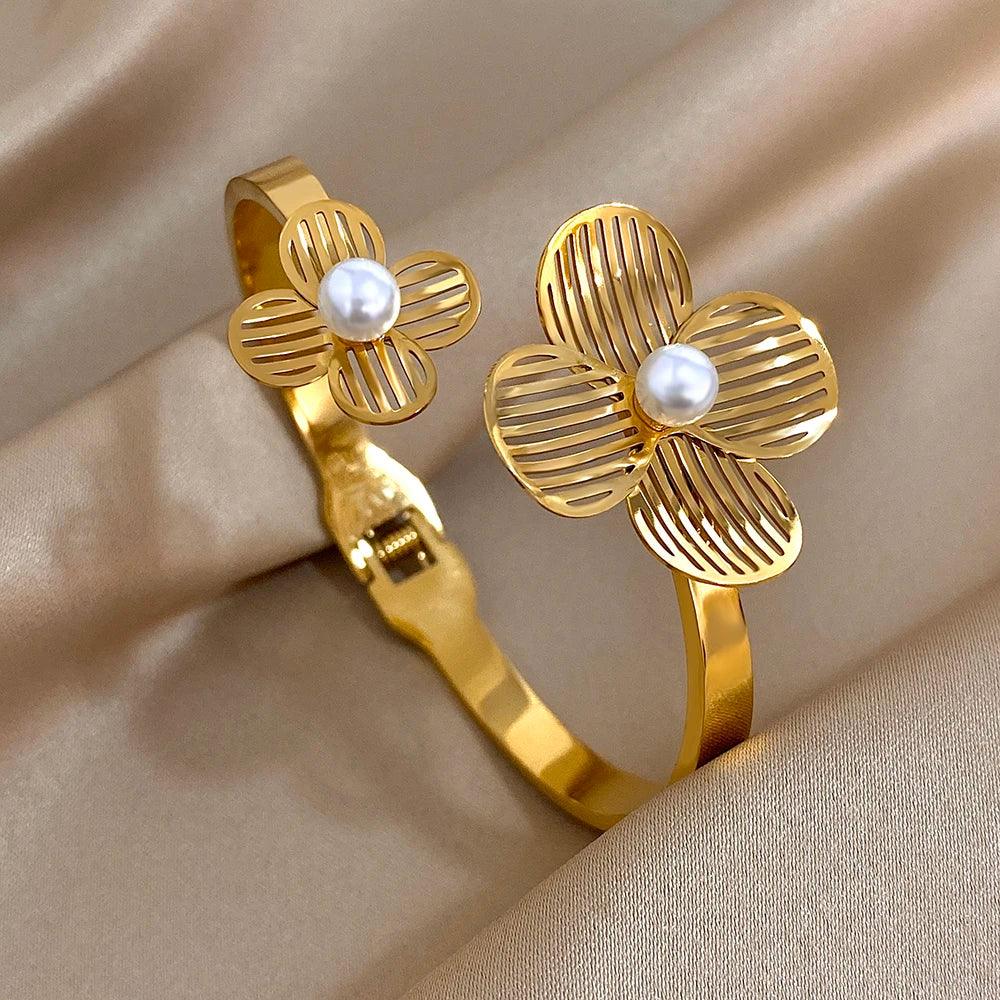 Stainless Steel Double Flower Cuff Bracelet - Piña Colada