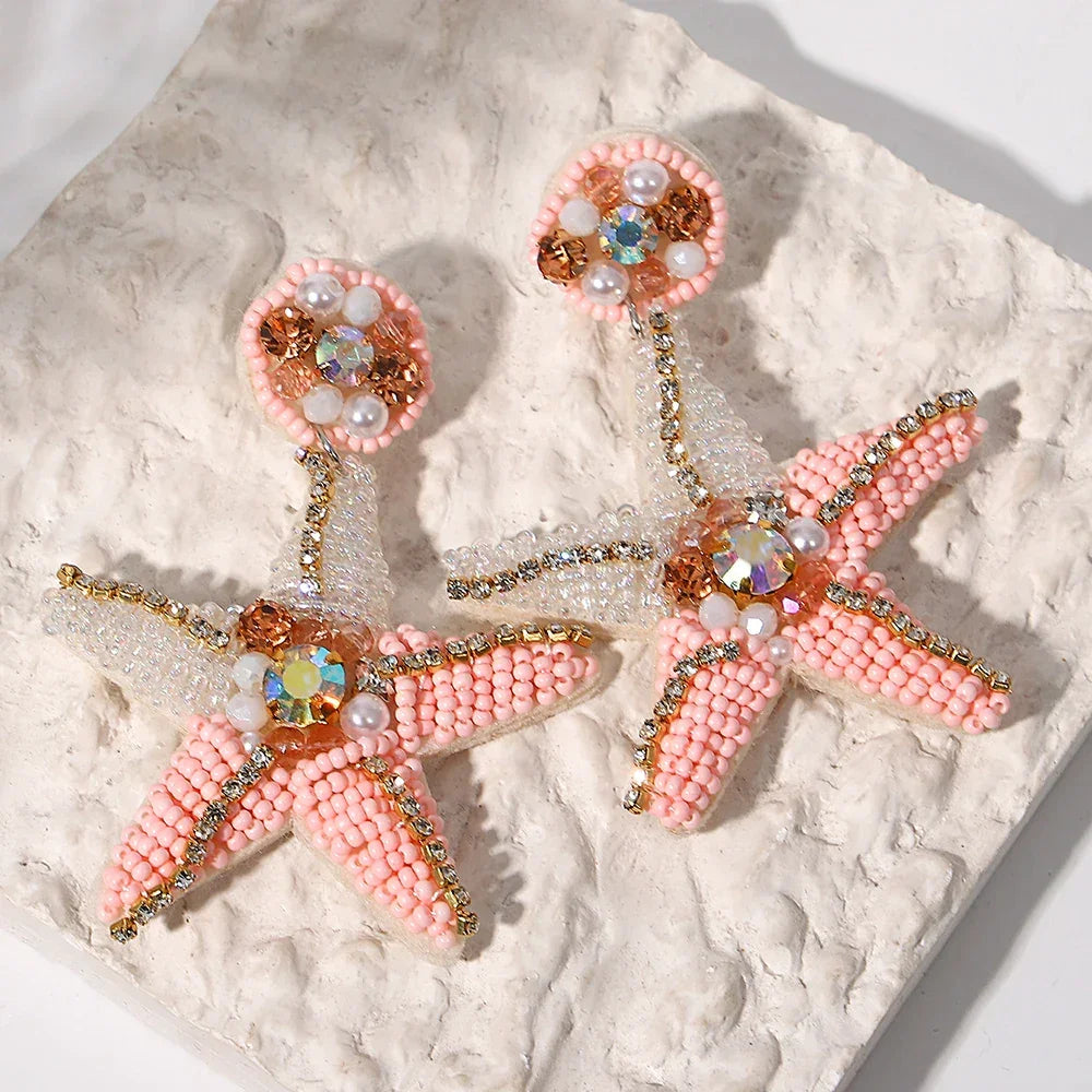 Handmade Beaded Blue Starfish Drop Earrings - Piña Colada
