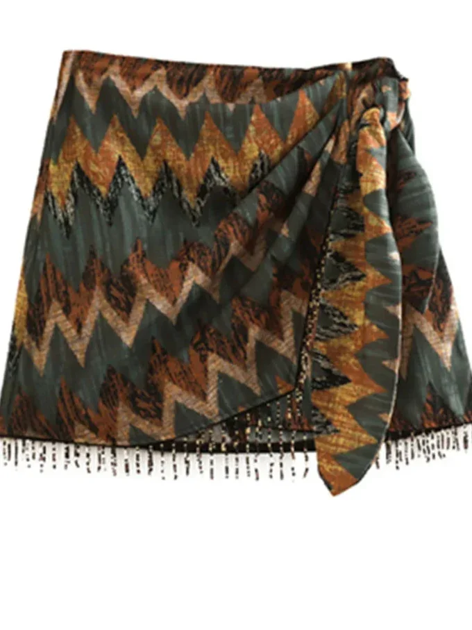 Vintage Geometric Print Knotted Mini Skirt - Piña Colada